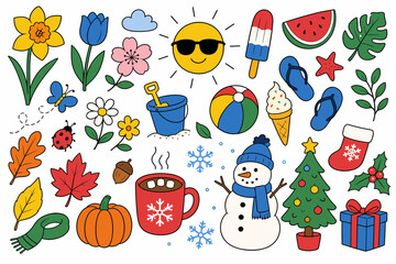 Fototapeta premium Collection of seasonal icons representing spring, summer, autumn, and winter holidays