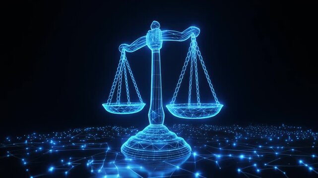 Digital glowing balance scale hologram, symbolizing justice, fairness, ethics, and technology&rsquo;s integration with law.