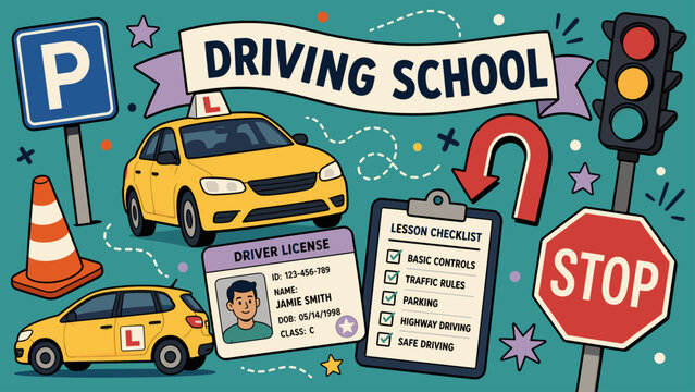 Driving school illustration with cars, license, and traffic signs