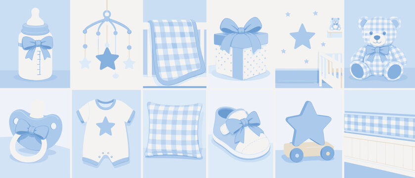Collection of baby boy nursery items in soft blue and white tones