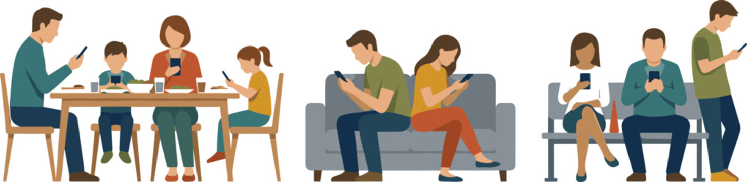 Vector illustration set of people, couples, and a family ignoring each other while staring at smartphones for digital phubbing, screen addiction, and anti-social behavior concepts