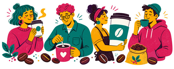 Naklejka premium Diverse group of people enjoying coffee and coffee beans in a vibrant illustration