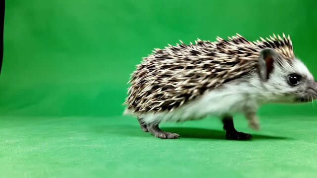 A small hedgehog walks on a green surface with a green background