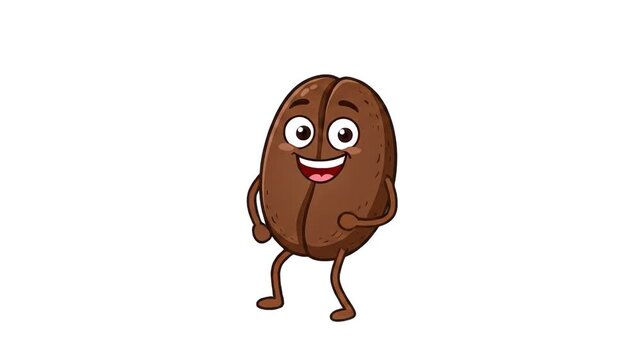 A fun 2D flat animated coffee bean character dancing on a clean white background. This asset is great for web design, mobile apps, and promotional presentations for coffee products.