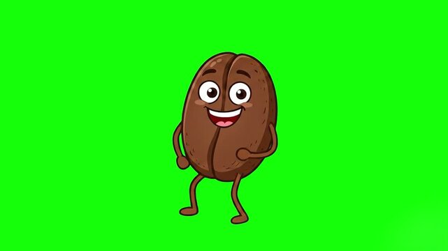 A cute 2D vector-style animated coffee bean character dancing on a solid green screen background for easy chroma key removal. Perfect for playful educational videos or coffee shop branding.