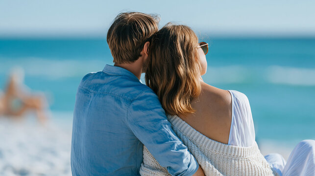 Faceless couple sitting at Panama City Beach leaning against each other, romantic moment, beach setting, couple bonding, seaside leisure, with copy space