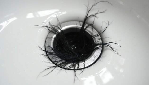 Close-up of bathroom sink drain clogged with dark hair strands. Water pools around hair, indicating blocked pipe. Common domestic issue needing cleaning.