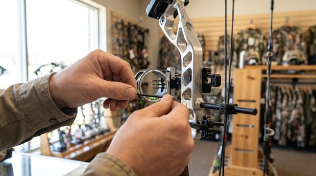 Customer or technician adjusting the pins on a compound bow sight in a shop