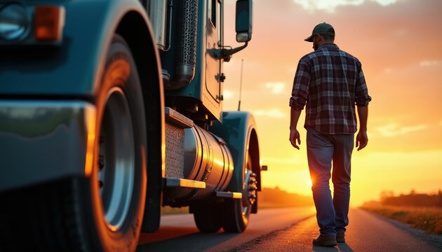 Truck driver walks toward his semi-truck on rural road at sunset. He wears plaid shirt, cap, ready for long journey. Vehicle chrome shines in warm evening light. This represents logistics, hard work.