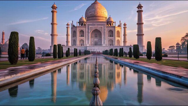 Taj Mahal Reflecting in Calm Water at Sunrise