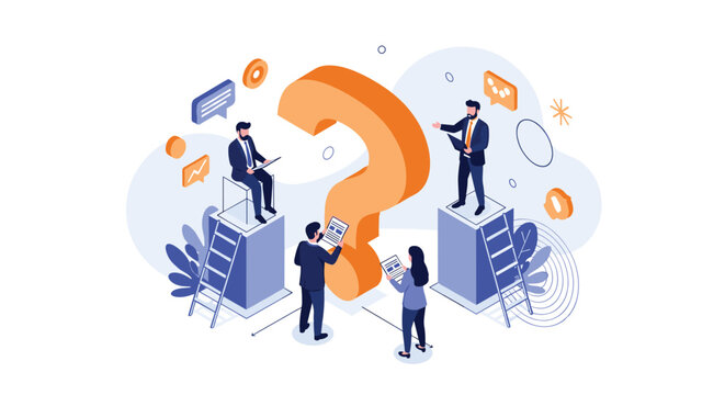 Business professionals analyzing a giant orange question mark symbol in an isometric conceptual illustration for problem solving.