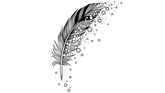 Black and white feather with intricate circular patterns isolated on a transparent background