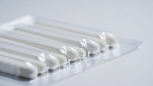 Slow motion macro pan of white suppository capsules sliding in blister pack on clinical surface