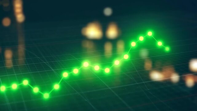 Tracking shot of glowing green data line chart rising across digital grid surface in dark studio