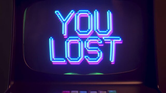 Slow motion tracking shot of retro arcade screen displaying you lost neon text flickering inside dark game cabinet in arcade room