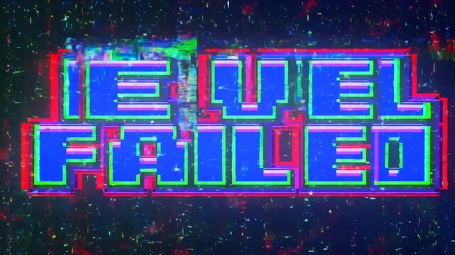 Slow zoom neon text level failed glitching and flickering against dark grunge game interface with rgb noise and distortion