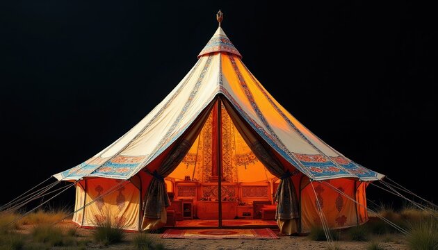 Ornate tent with tribal patterns stands in desert at night. Richly decorated inside with textiles and furniture. Traditional shelter evokes nomadic life and cultural heritage.
