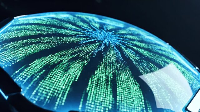 Futuristic circular object with glowing blue and green data streams