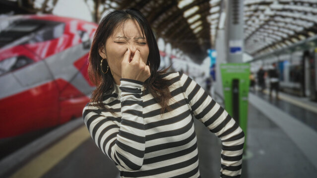 Woman pinches nose then puts finger to lips for silence while wearing a striped sweater and septum piercing on a busy train station platform; playful mischief.