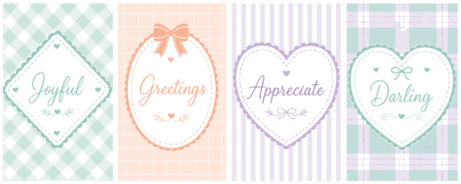 Set of four pastel greeting cards with sweet messages and patterns