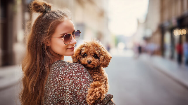 Young woman holding small curly dog in city street, pet lifestyle portrait, dog owner love, urban walk, casual fashion, animal companionship, warm friendship and modern social medi