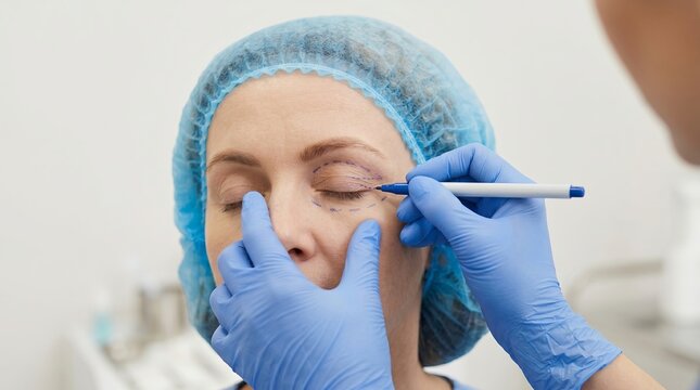 Cosmetic surgeon marking eyelid area before aesthetic procedure in modern medical clinic environment