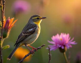 Fototapeta premium Small yellow bird with grey feathers sits on a twig near pink flowers. Sunlight illuminates the scene creating soft warm glow. Peaceful nature background.