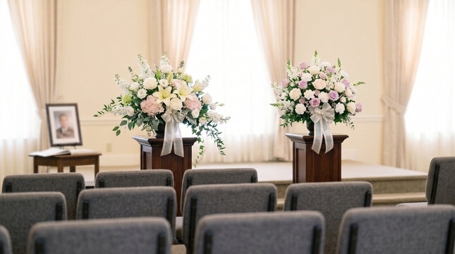 Bright funeral chapel interior with elegant floral arrangements on wooden pedestals, memorial photo frame on a side table, soft natural light, serene and respectful atmosphere