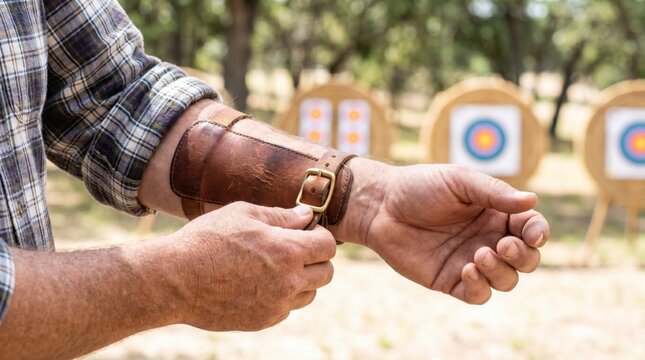Archer adjusting a leather arm guard bracer at an outdoor archery target range