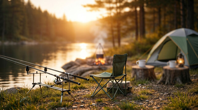 Atmospheric outdoor scene of a camping site by a river at sunset, fishing rods on a stand, folding chair, tent, and campfire in the background, tranquil wilderness travel lifestyle, cinematic light.