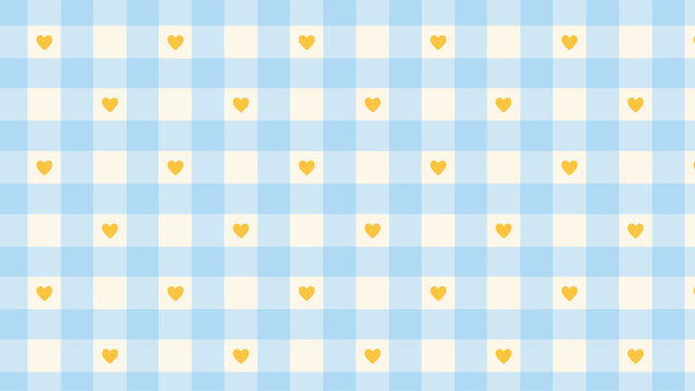 Cute yellow hearts pattern on a pastel blue and cream gingham background