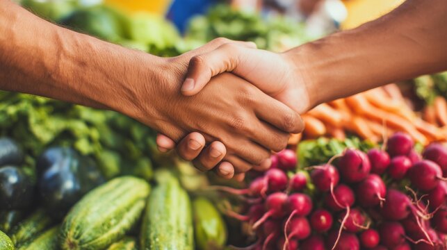 Ethical sourcing and fair trade concept with handshake over local agricultural produce