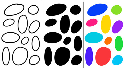 Fototapeta premium Collection of diverse oval shapes in black and white and vibrant colors