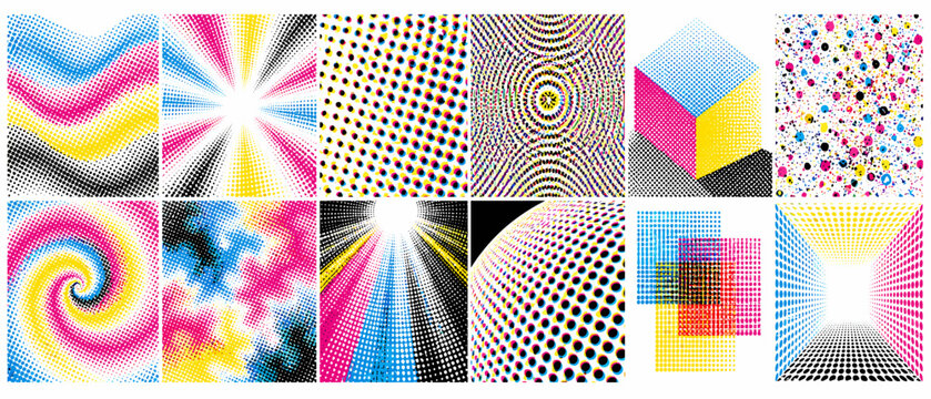 Abstract CMYK halftone patterns and graphic design elements collection