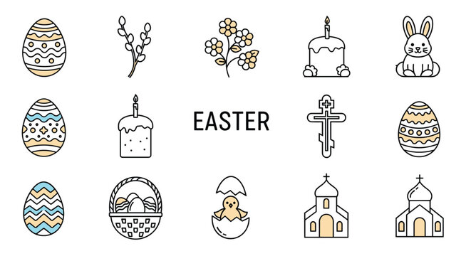 Collection of colorful Easter icons featuring decorated eggs, pussy willow, flowers, traditional cakes, bunnies, crosses, and churches.