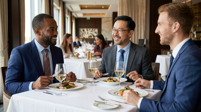 Group of diverse businessmen having lunch and discussing work in luxury restaurant
