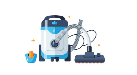 Fototapeta premium Modern blue and white vacuum cleaner appliance shown with its hose and accessories in a clean flat design illustration.