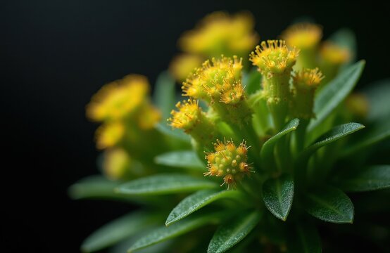 Macro shot of yellow Euphorbia rigida flowers with green leaves. Plant has small buds and fuzzy stamens. Dark background emphasizes delicate bloom.
