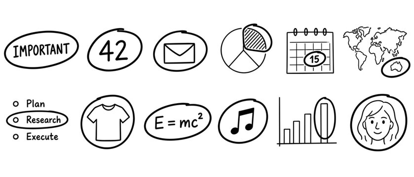 Collection of hand-drawn icons representing various concepts and ideas for brainstorming
