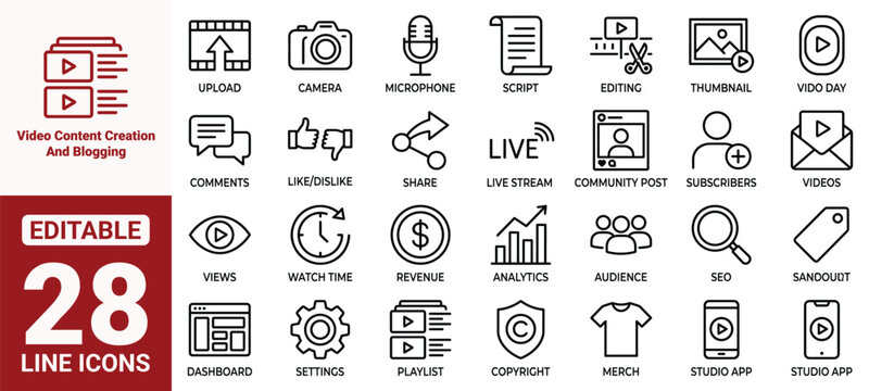 Video Content Creation and Blogging Thin Line Icon Set. Vector Outline Icons for Social Media Marketing, Analytics, Live Stream, Video Editing, Audience SEO, and Studio Tools.