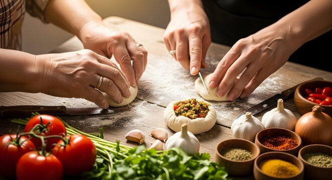 Two pairs of hands skillfully prepare fresh dough circles stuffed with savory vegetable fillings on a rustic wooden kitchen table