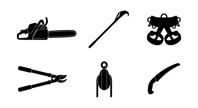 Set of 6 Black Silhouette Tools: Chainsaw, Loppers, Pry Bar, Harness, Saw, Pulley