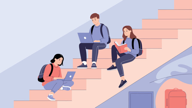 Three college students are sitting on a staircase while busy studying for their upcoming final examinations using their laptop computers and a textbook in this colorful flat vector illustration shot.