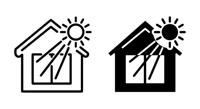 Solar Heat Icons, Sun Rays Through House Window, Energy Efficiency Vector Symbols