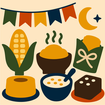Comidas T&iacute;picas de S&atilde;o Jo&atilde;o em Estilo Vetorial Minimalista