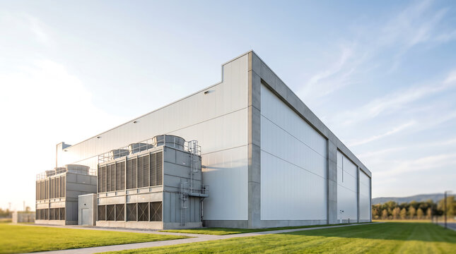 Large modern data center building with white exterior and cooling units situated on a green lawn under a clear blue sky in a technology campus setting