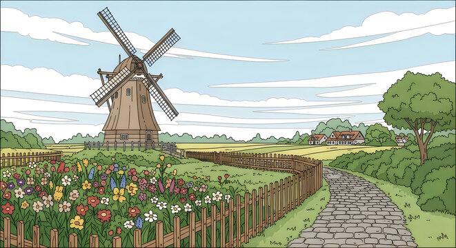 A serene countryside scene with a windmill and vibrant flower garden