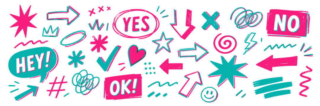 Collection of hand-drawn doodle icons and symbols in bright pink and teal colors