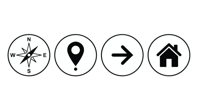 Map and Navigation Icon Set - Compass, Location Pin, Next Arrow, and Home Button Isolated on White Background