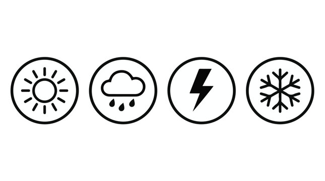 Weather Icon Set in Circles, Black Line Sun, Rain Cloud, Lightning Bolt, and Snowflake Symbols for Forecast and Climate Designs Isolated on White Background
